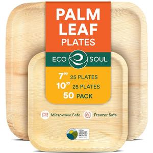 ECO SOUL Compostable 7 & 10 Inch Palm Leaf Square Plates (50 Count) Like Bamboo Plates | Biodegradable | Eco-Friendly, Microwave & Oven Safe - Party Pack
