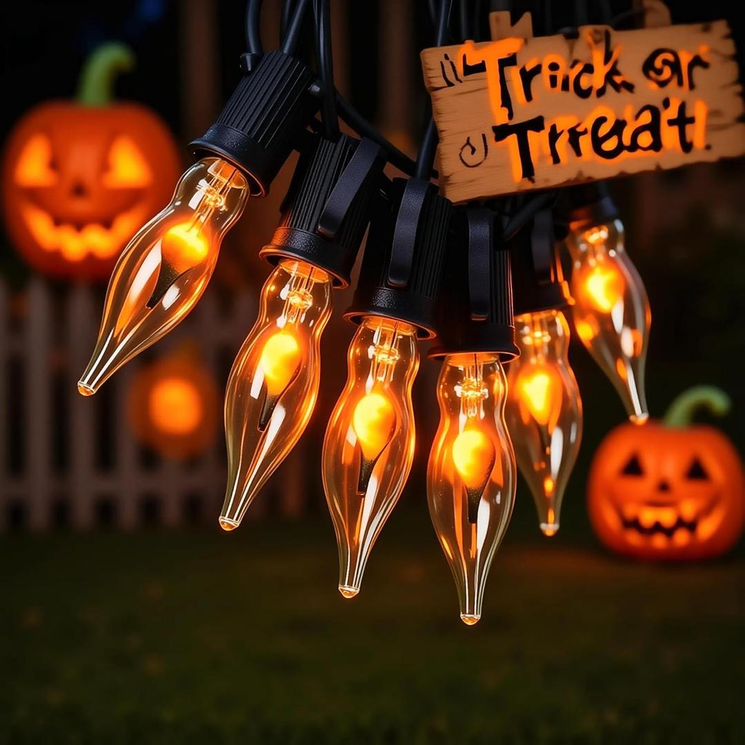 Abeja Flickering Flame String Lights 10Ft, C18 Vintage Halloween Lights with 10 CA5 Flame Bulbs, E12 Candlestick Base, Flicker Flame String Lights for Fireplace Party Room Decor, 1w, 120v, Black