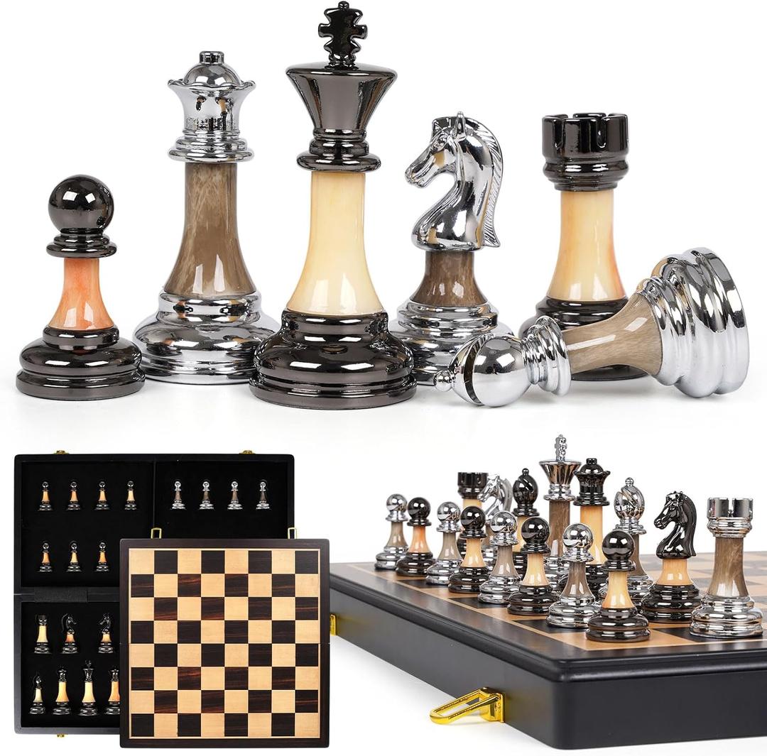 Luxury Large Metal & Acrylic Chess Set with Wooden Chess Board (17)  Weighted Metal Pieces with 3.5 King, Foldable Tournament Chess Set for Adults & Kids, Professional Family Board Game