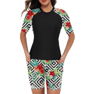 Tournesol Women's 2 Piece Rash Guard Short Sleeve Swim Shirts UV Protection Swimsuit with Boyshorts Geometric Flower Medium