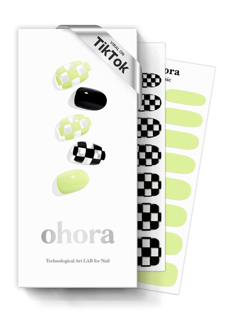 ohora Semi Cured Gel Nail Strips (N Racer) - Green, Patterned, Works with Any UV/LED Lamps, Salon-Quality, Long Lasting, Easy to Apply & Remove