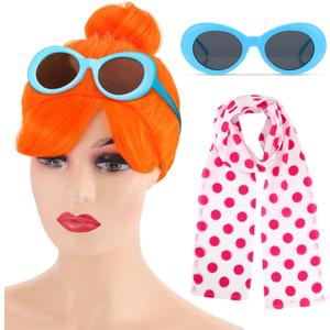 3pcs Halloween Costumes Accessories Include Orange Wig Red Polka Dot Scarf Blue Frame Sunglasses Lightweight Long Silk Scarf for Funny Movie Costume Accessories