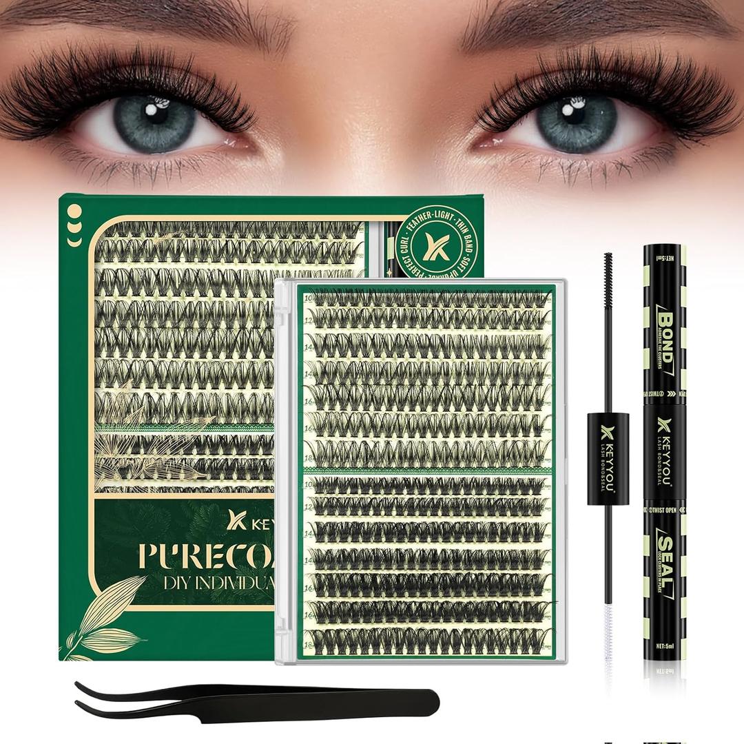 KEYYOU Lash Clusters Kit Thick Lash Extension Kit with 280pcs Super Soft 60D+80D D Curl 10-18MIX Lash Clusters for Volume Fluffy Look with Bond&Seal and Applicator DIY at Home