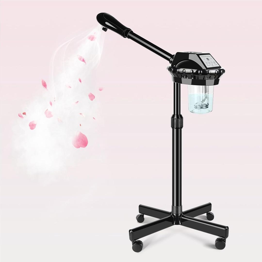 Professional Facial Steamer, Facial Steamer on Wheels with More Steam, Adjustable Height and Angle, Face Steamer for Deep Cleansing and Hydration, Estheticians Steamer for Beauty, Spa and Home Use, Black