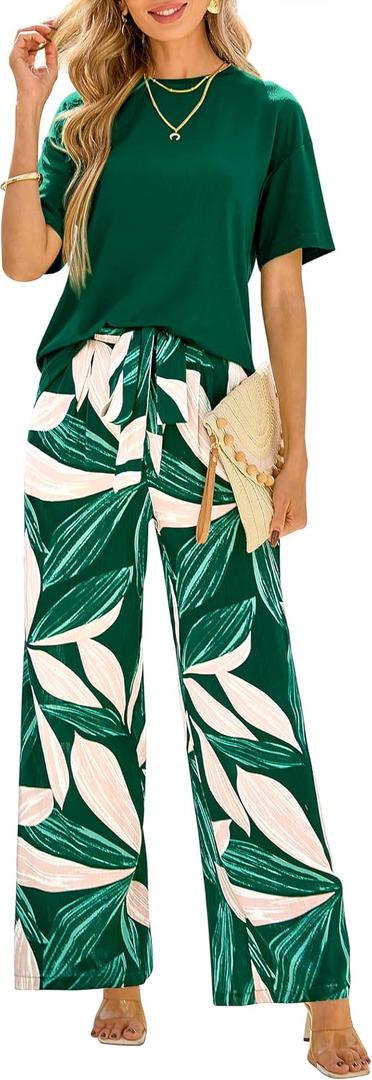 PRETTYGARDEN Women Summer 2 Piece Outfits 2026 Short Sleeve Knit Top Floral Print Belted Wide Leg Pant Sets With Pockets (M)