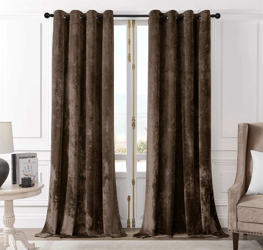 SMILETIME Chocolate Crushed Velvet Curtains 52x96 inch Luxurious Thermal Insulated Soundproof Drapes for Living Room Bedroom Office Soft and Durable Light-Filtering Window Treatments, 2 Panels
