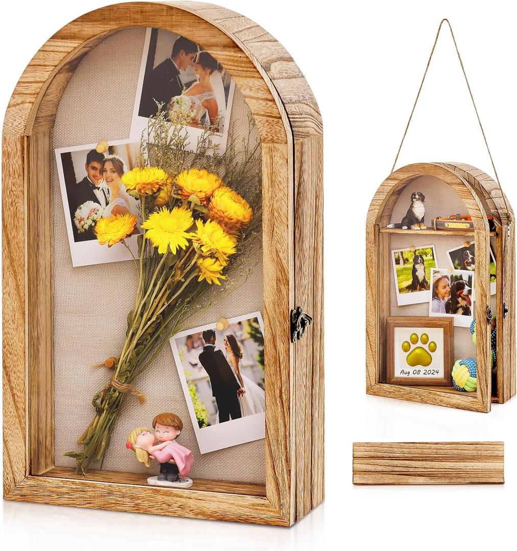 DGWJSU Shadow Box Frame 10x16 Large Shadow Boxes Display Cases with Linen Back and Removable Shelves, Picture Frame Wedding Bouquet Memorabilia Medals Photos Memory Box for Keepsakes, Carbonized Brown