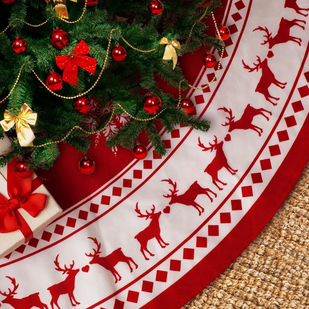 Lukisesy Christmas Tree Skirt 48 inch Tree Skirt Large Snowflake Reindeer Red Xmas Tree Skirt Rustic Christmas Decorations for Winter New Year Holiday Party Decor Indoor Outdoor, RED48IN