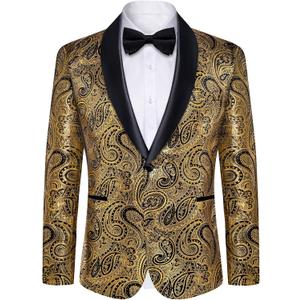 DiBanGu Mens Blazer One Button Shawl Lapel Tuxedo Sport Coat Casual Dress Suit Jacket for Men Wedding Party Prom, Black and Gold, Large