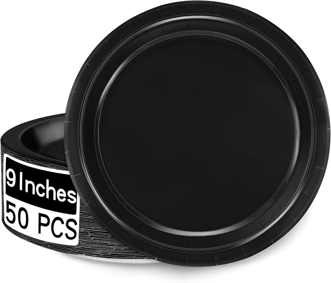 50 Pieces of Paper Plates, Round Black Party Plates Pack, Disposable 9 Inches Paper Dinner Plates, Everyday Use Plates for Daily Meals Picnic Camping Birthday Christmas Thanksgiving Supplies
