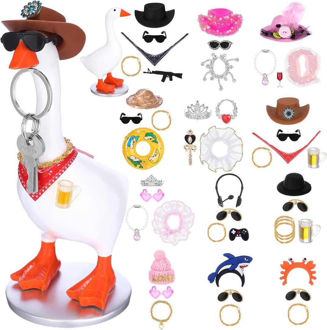 7 Inch Mini Goose Key Holder with 12 Set Outfits, Resin Magnetic Desk Goose Outfits, Cute Figurines Keychain Hanger, Desktop Table Decor for Home Office Bedroom House Housewarming Gifts