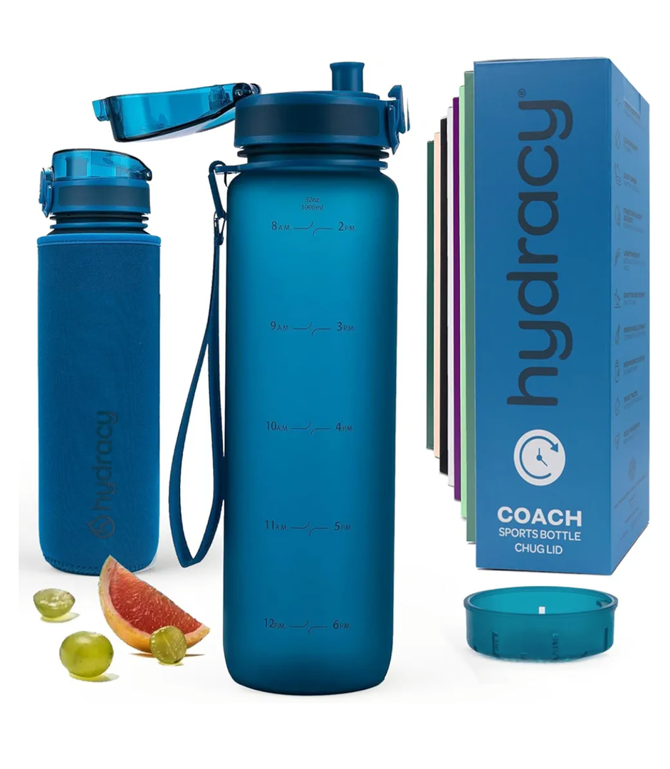 Hydracy Water Bottle with Time Marker -Large BPA Free Water Bottle & No Sweat Sleeve -Leak Proof Gym Bottle with Times to Drink - Ideal for Fitness Sports & Outdoors