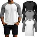 Huukeay 3 Pack Men's 3/ 4 Sleeve Shirts Crew Neck Baseball T Shirts Moisture Wicking Athletic Tops(Dark Grey/ Black, Light Grey/ Dark Grey, White/ Light Grey, 4X-Large)