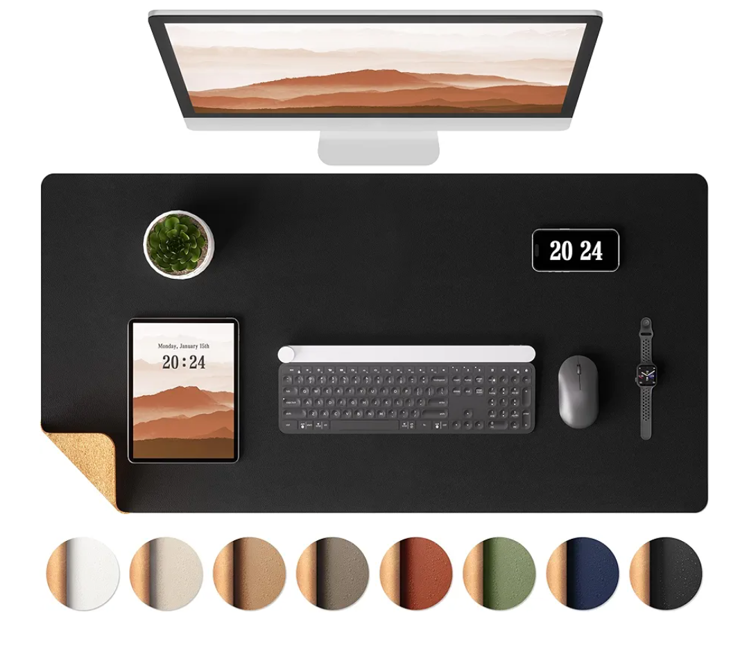 Aothia Dual-Sided Desk Pad - 25.6x13.7 inches Leather Desk Mat, Natural Cork Desk Pad Protector, Large Mouse Pad for Desk, Waterproof Desk Blotter Pad, Desk Writing Pad for Office Work/Home, Black