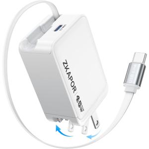 45W USB C Charger Block, GaN Retractable Wall Charger with USB C Cable PD QC Fast Charging Travel Charge with Foldable Plug for iPhone 16 15 Pro Max/Plus, Pad, MacBook Air, Galaxy S25 S24 and More