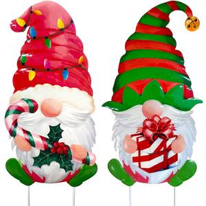 2 Packs Chrismas Decorations Yard Stakes Sign, 23 Inch Metal Gnome Stake, Waterproof Outdoor Decorative Xmas Holiday Outdoor Garden Welcome Signs Yard Lanwn Stake (Christmas)