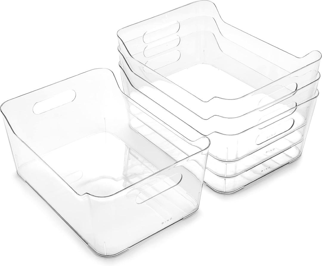 BINO | Plastic Organizer Bins, Large - 4 Pack | The SOHO Collection | Multi-Use | Pantry & Freezer Organizer Bins | Plastic Storage Containers for Home & Kitchen Org (Large, Clear)