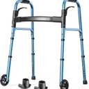 HolyHeal Walkers for Seniors with Basket and Glide Skis, 5" Wheels Lightweight Folding Walker, Support Up to 350 lbs, Height Adjustable Standard Compact Rolling Walker, Blue