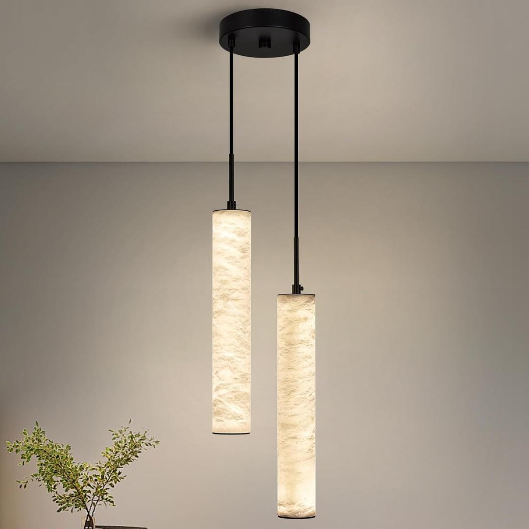 LMQNINE Natural Alabaster Pendant Lights for Kitchen Island White Marble Long Tube Chandelier 4000K Modern Black Ceiling Light Fixtures for Bedroom Dining Room Table Living Room Hallway(M-2Light)