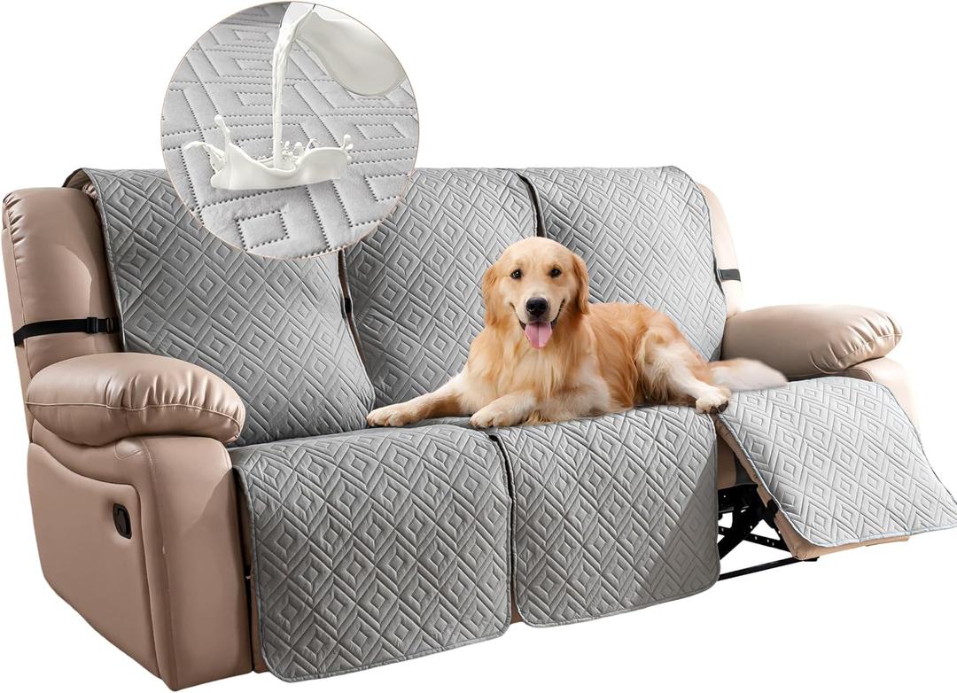 Genina 100% Waterproof Recliner Sofa Covers for 3 - Cushion Couch - Non - Slip, Washable Pet - Friendly Furniture Protectors. Ideal for Homes with Kids & DogsLight Grey