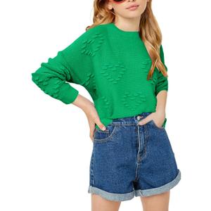 Haloumoning Girls Cute Heart Love Print Sweater Tops Oversized Crew Neck Dot Ball Knitted Valentine Pullover 5-14 Years
