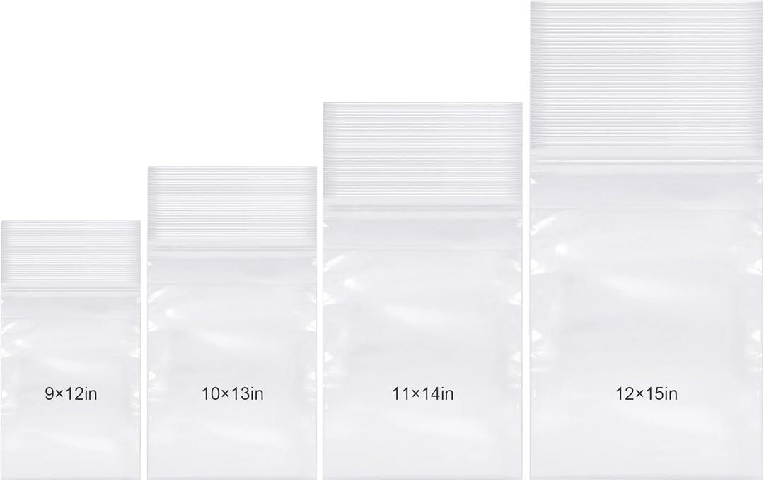 Kosiz 600 Pcs Clear Cellophane Bag Plastic Poly Shirt Bag Bulk Resealable Clothes Packing Self Adhesive Packages for Business Shipping(9''x12'', 10''x13'', 11''x14", 12''x15")