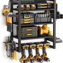 Wooden 4-Tier Power Tool Organizer Wall Mount with 5 Outlet Charging Stations, Garage Tool Organizers and Storage with 4 Drill Holders, Power Tool Storage for Workshop, Basement, Pure Black
