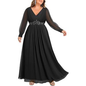 Women's Plus Size Formal Dress Black Wedding Guest Long Chiffon Mother Bride Gowns High Waist V Neck Floor Length 2XL