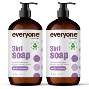 Everyone 3in1 Soap, Body Wash, Bubble Bath, Shampoo, 32 Ounce (Pack of 2), Vanilla and Lavender, made with Essential Oils for Men and Women