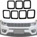 Grille Inserts Grill Cover Compatible with Jeep Compass 2017-2021 Front Grill Cover Rings Frame Trims Kit 7PC (Glossy Black)
