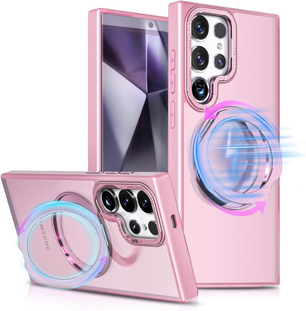 for Samsung Galaxy S24 Ultra Case, [Compatible with Magsafe][Built in Stand & Rotating Ring Holder] MIL-Grade Dual Layer Shockproof, Full Protective Case for Galaxy S24 Ultra-Pink