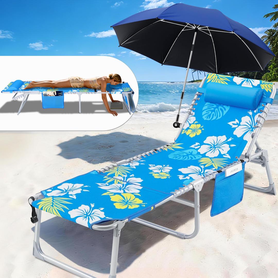 Luxfero 3-in-1 Beach Lounge Chair with Umbrella, Sun Tanning Chair with Face Hole&5-Position Recliner, Folding Lounge Chair Outdoor Lay Flat, Max 350lbs,Portable Tanning Chair with Pillow&Pocket-Blue