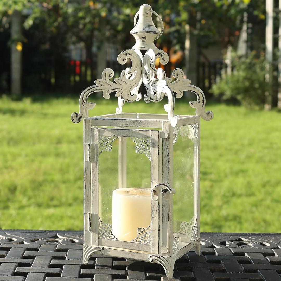 NEEDOMO Lanterns Decorative Indoor, 16" White Hanging Lantern Decor Outdoor, Vintage Metal Large Candle Lantern for Patio, Front Porch, Table, Home Decor, Candle Holder with Clear Glass (Beige)