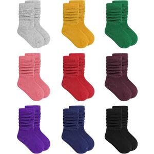 Auranso Girl Knee High Cotton Socks 9 Pairs Girls Long Crew Socks Color A 6-8 Years