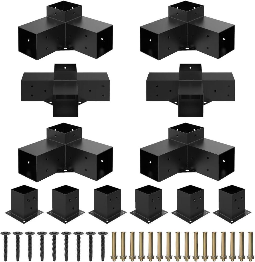JEXALINE Heavy-Duty Pergola Bracket Kit for 4 x 4 Wood Posts, 4P 3-Way+2P 4-Way Bracket +6P Base