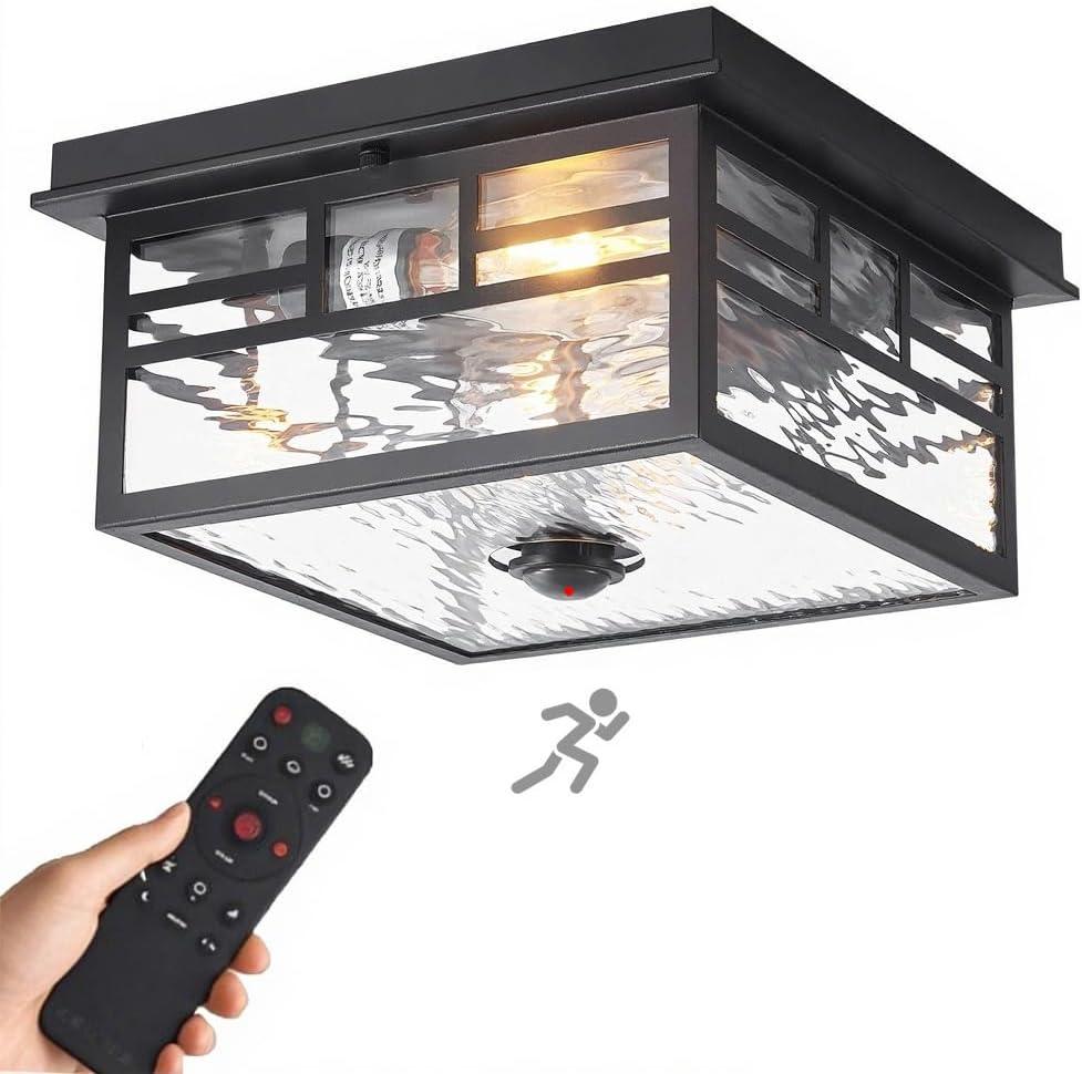 Outdoor Ceiling Light: Upgraded Motion Sensor with Remote Control 4 Lighting Modes Flush Mount Ceiling Light Fixture with Clear Glass for Porch, Driveway, Patio, Farmhouse, Entryway