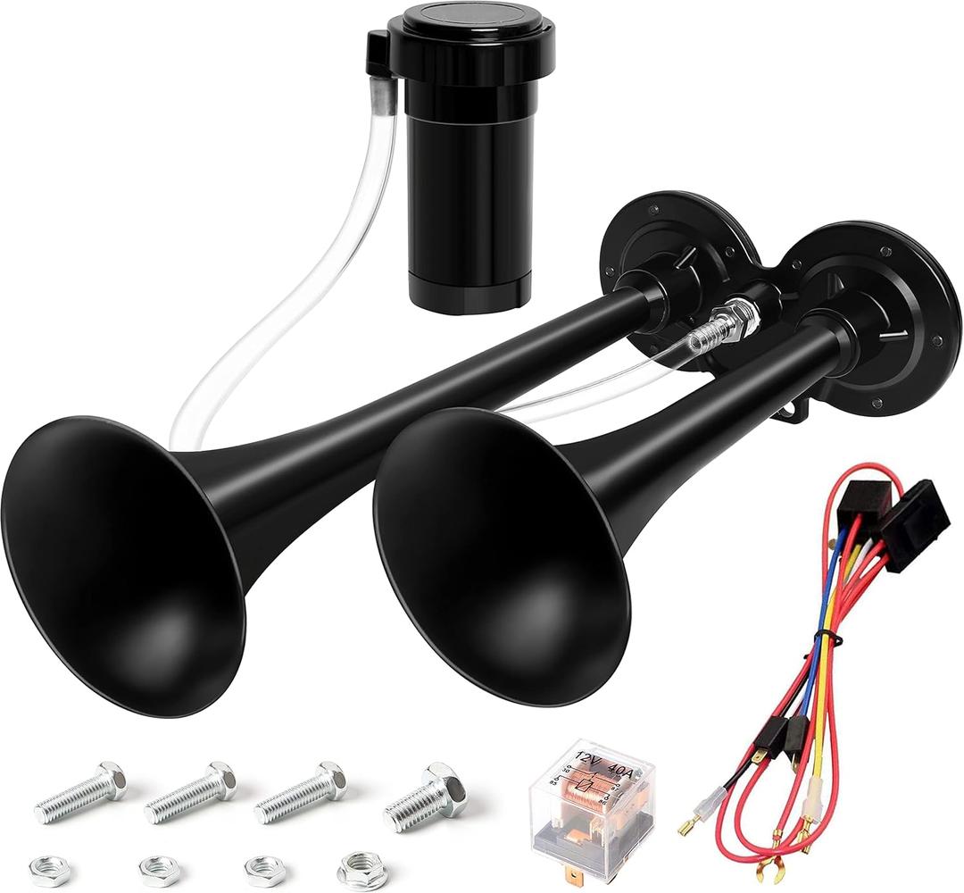 12V Air Horn Kit, Super Loud Train Horn for Truck, Air Horn Dual Truck Horn with Compressor for 12V Vehicles Trucks Pickup Trains Cars Boats (Dual black)