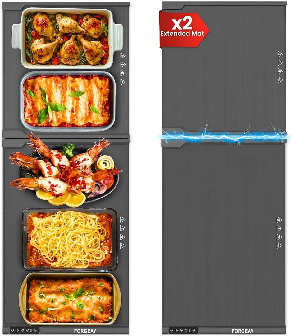 XXL Food Warming Mat Countertop 42"x16"  2 Piece Extendable Electric Warming Tray for Buffets & Parties  Extra Large Roll Up Silicone Food Warmer Mat with 8 Temp Settings, Auto Shut Off Food Warmer