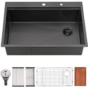 33 Inch Black Drop In Kitchen Sink, 33x22 Drop In Kitchen Sink Single Bowl Black Stainless Steel Workstation 16 Gauge Deep Topmount with Offset Drain