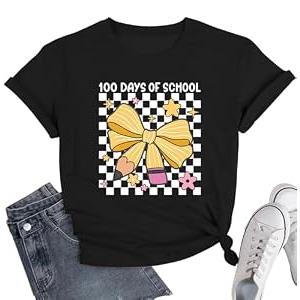 100 Days of School Shirt for Kindergarten Teacher: Bow Pencil Shirts, Teacher Appreciation Short Sleeve Shirts, Large 