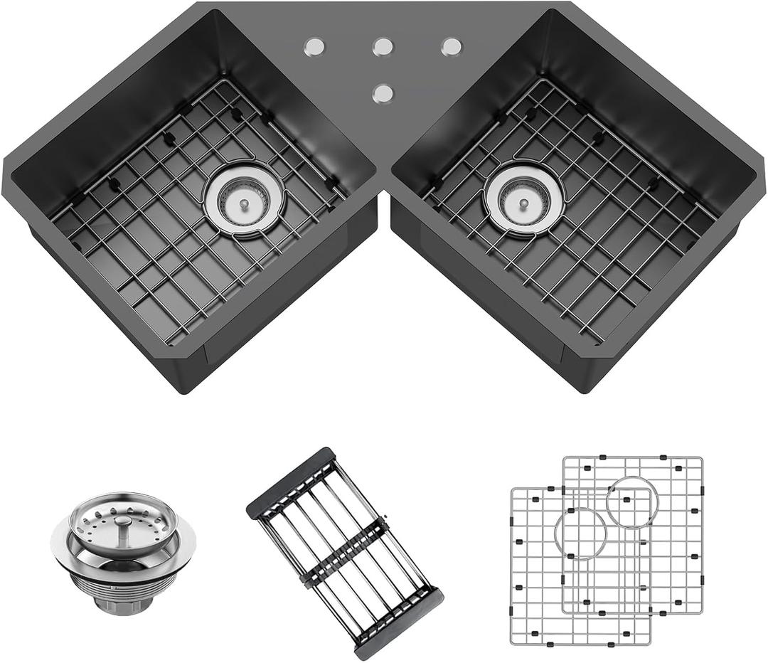 32.5Inch Black Corner Kitchen Sink - Double Bowl Stainless Steel Drop In Butterfly Undermount Modern Sink Come With Bottom Grid,Silicon Mat,Colander,Drain Assembly Nice Solution For Kitchen Corner, 30x30x9 inches
