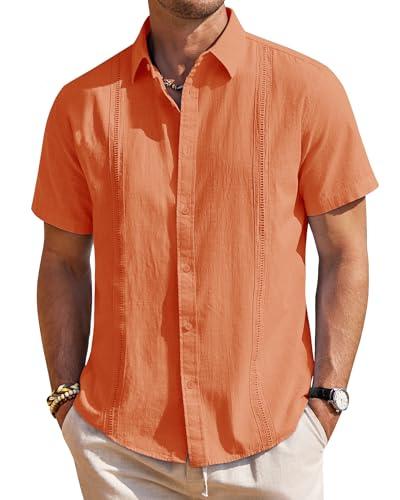 Mens Linen Shirts Short Sleeve Button Down Shirt Casual Cuban Guayabera Lightweight Summer Beach Solid Tops Bright Orange, Size M