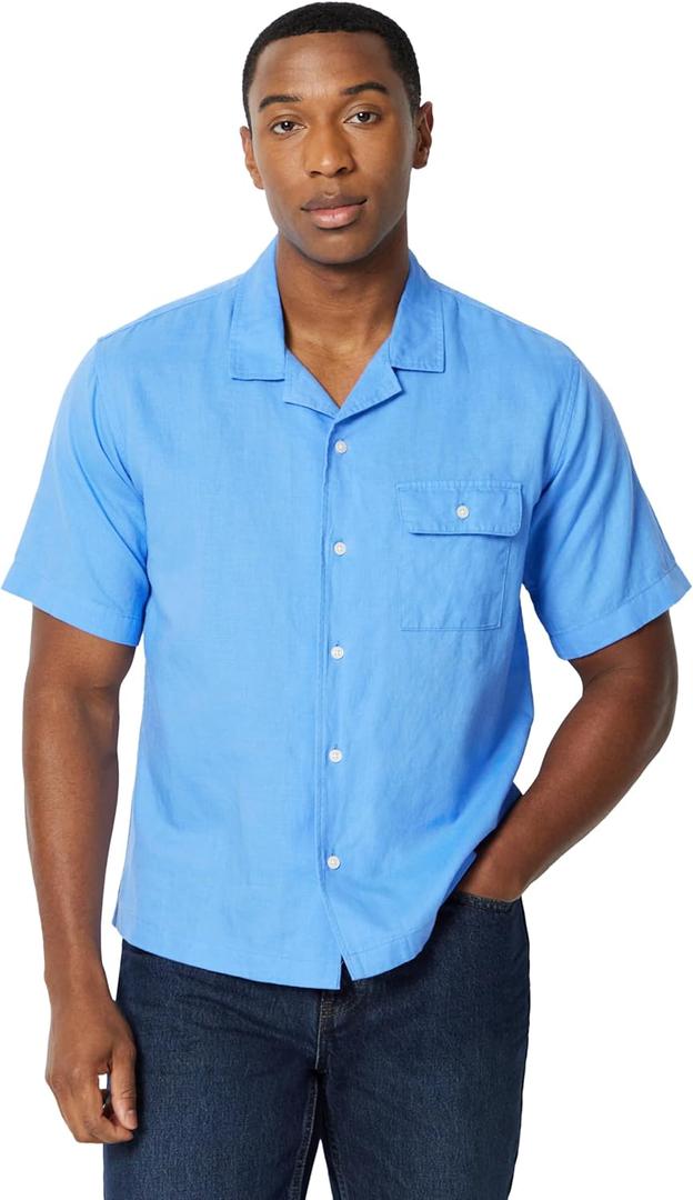 Amazon Essentials Men's Relaxed-Fit Short Sleeve Linen Blend Shirt (Blue, XL)