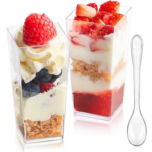 Zezzxu 50 Pack Mini Dessert Cups with Spoons, 3 oz Mini Square Shooter Cups for Desserts, Plastic Dessert Cup for Serving Party Appetizers Cheesecake Pudding Mousse