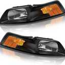 Compatible with 1999 2000 2001 2002 2003 2004 Ford Mustang Headlights Black Housing Amber Reflector Driver and Passenger Side