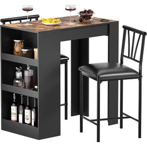 VECELO Small Bar Table and Chairs Tall Kitchen Breakfast Nook with Stools/Dining Set for 2, Storage Shelves, Space-Saving, Retro, 35.8 x 19.7 x 35.8 inches