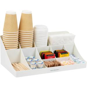Mind Reader Cup and Condiment Station, Countertop Organizer, Coffee Bar, Kitchen, Stirrers, 17.875"L x 9.5"W x 6.625"H, White