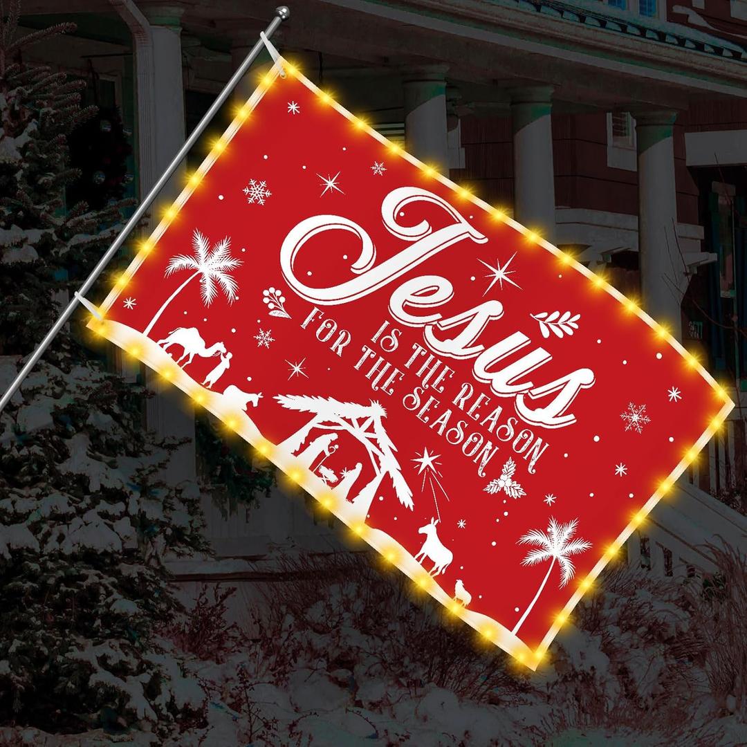 FuWeave Jesus Is The Reason for The Season LED Light 3x5 ft Double Sided Xmas Red Flags Christmas Nativity Religious Banner Gift for Home Yard Outdoor Decoration