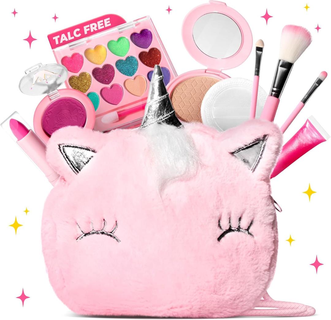 ULOVEME Mica-Based Kids Makeup, Talc Free Real Makeup Kit for Girls with Fluffy Purse - Hypoallergenic Makeup for Sensitive Skin Kids - Non Toxic & Washable - Gift for 5 -8 Years Old Girls Birthday