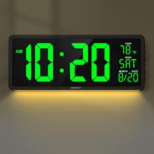 YORTOT 16 Large Digital Wall Clock with Remote Control and 7 Night Lights, 4 Level Dimmer, Super Easy to See, Big LED Clock with Indoor Temperature, Date, Perfect for Home, Office, Gym (Green)